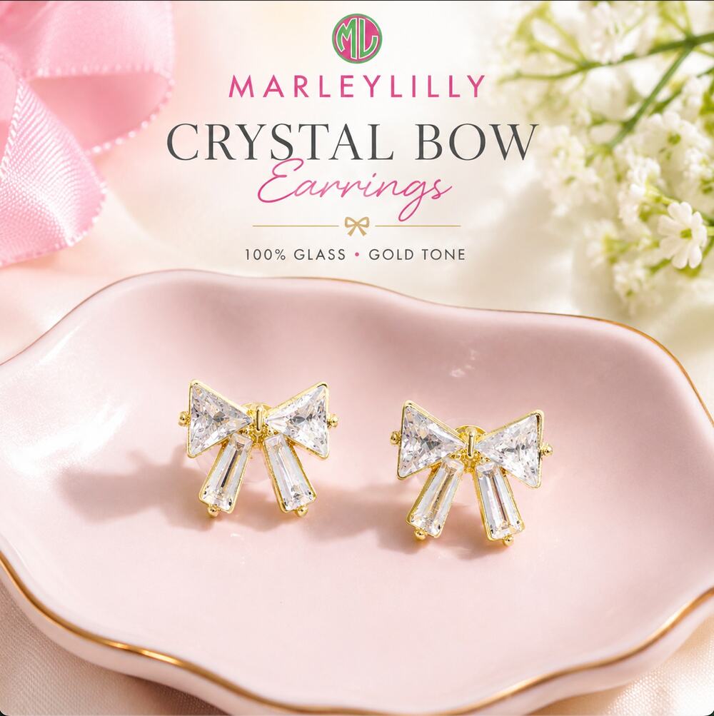NWT Marleylilly Crystal Bow Stud Earrings Gold Tone Glass Rhinestones